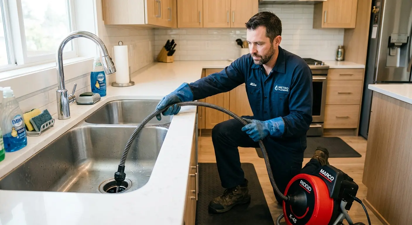 Drain cleaning technician using a motorized snake on a kitchen sink in Macedonia