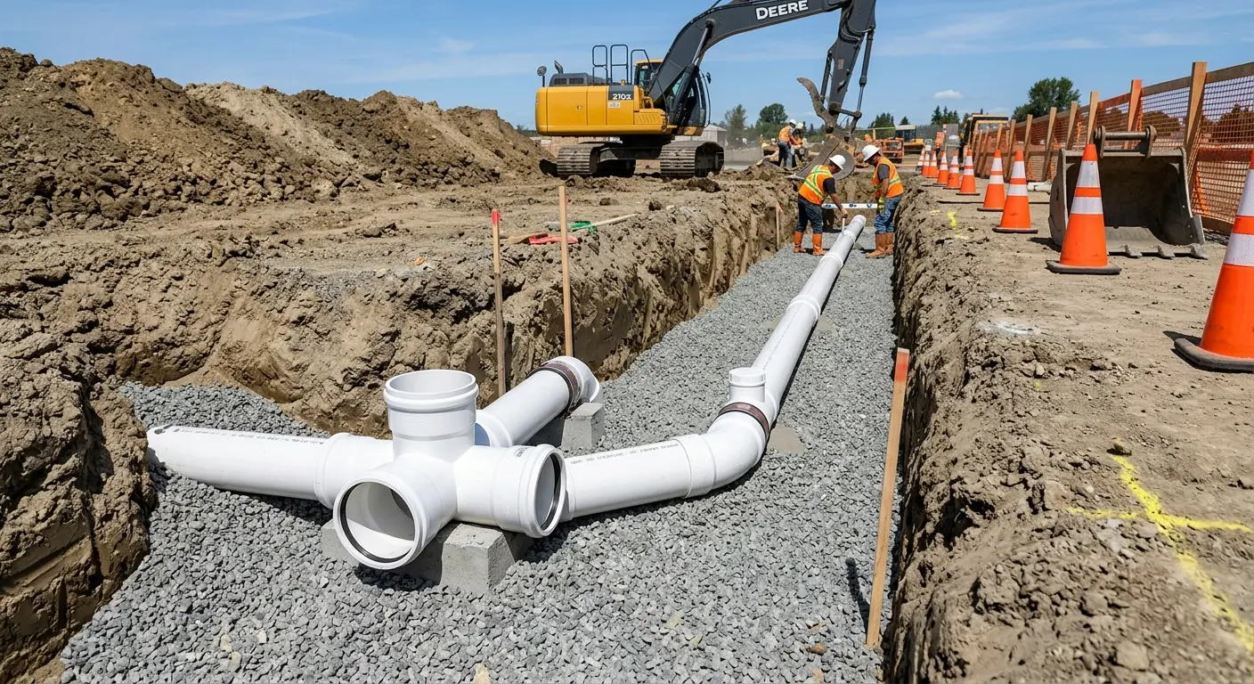 New PVC sewer pipe installation in open trench for Sewer Backup in Macedonia